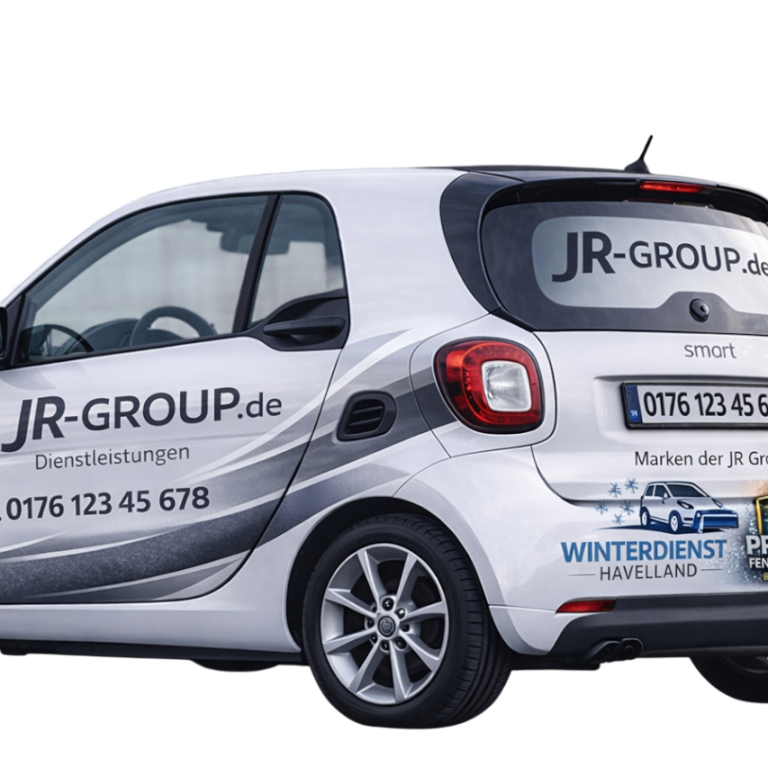 JR GROUP Firmenwagen Smart Fortwo mit Firmenbranding der JR-GROUP.de und Kontaktnummer auf der Seite.